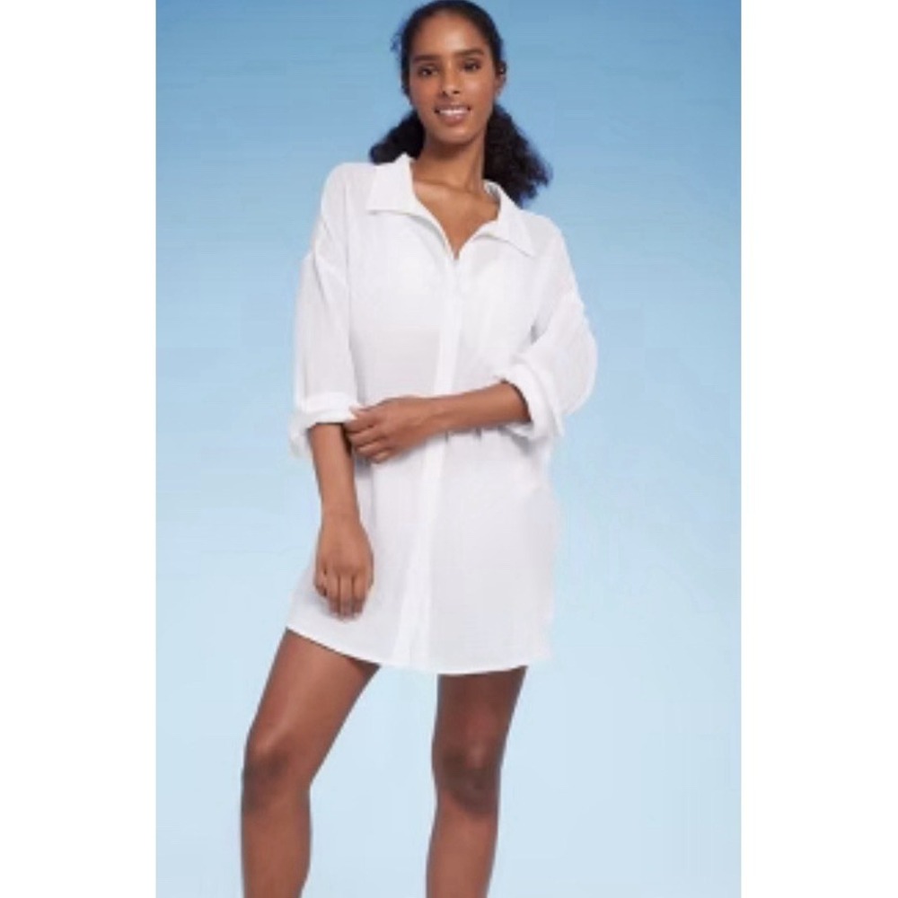 Shade & Shore White Gauze Long Sleeve Blouse Buttonup Beach Coverup M Top Resort